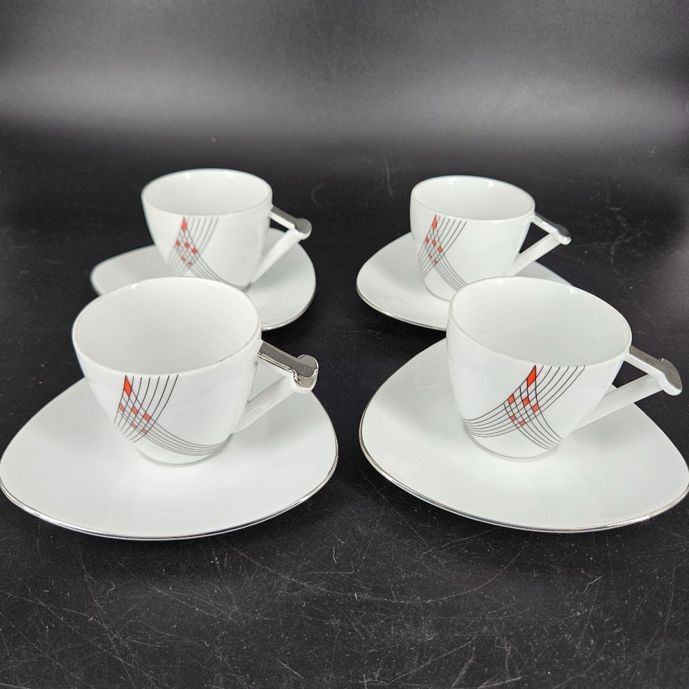 Atelier JM Lasov Delta Pyramid Czech Coffee Tea Mocha Cup Saucer Plate Set of 4